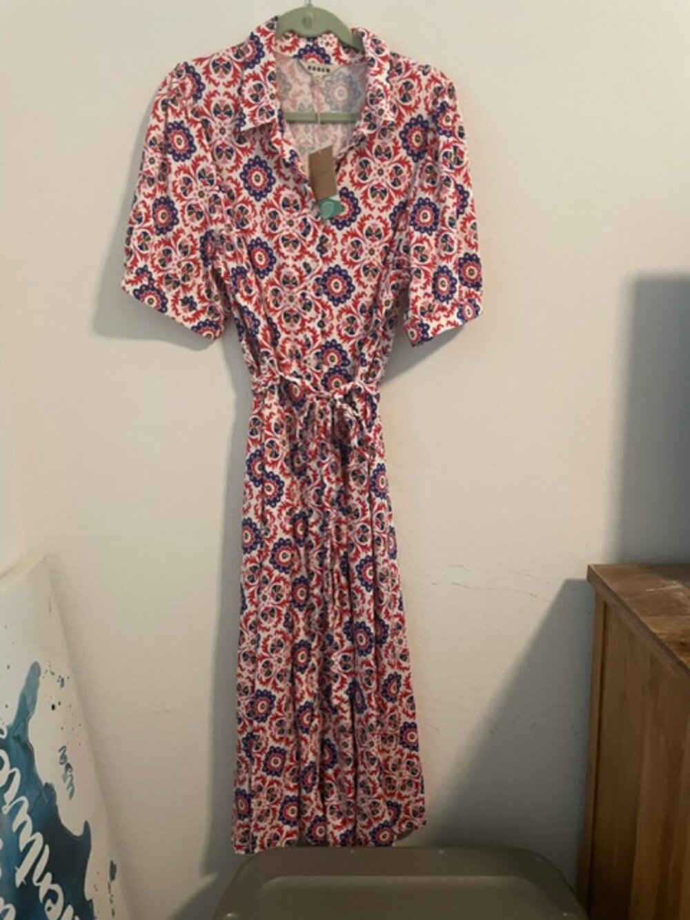 Boden Dress Size US20 Midi Shirt Jersey Puff Sleeve Belted geometric pattern NWT